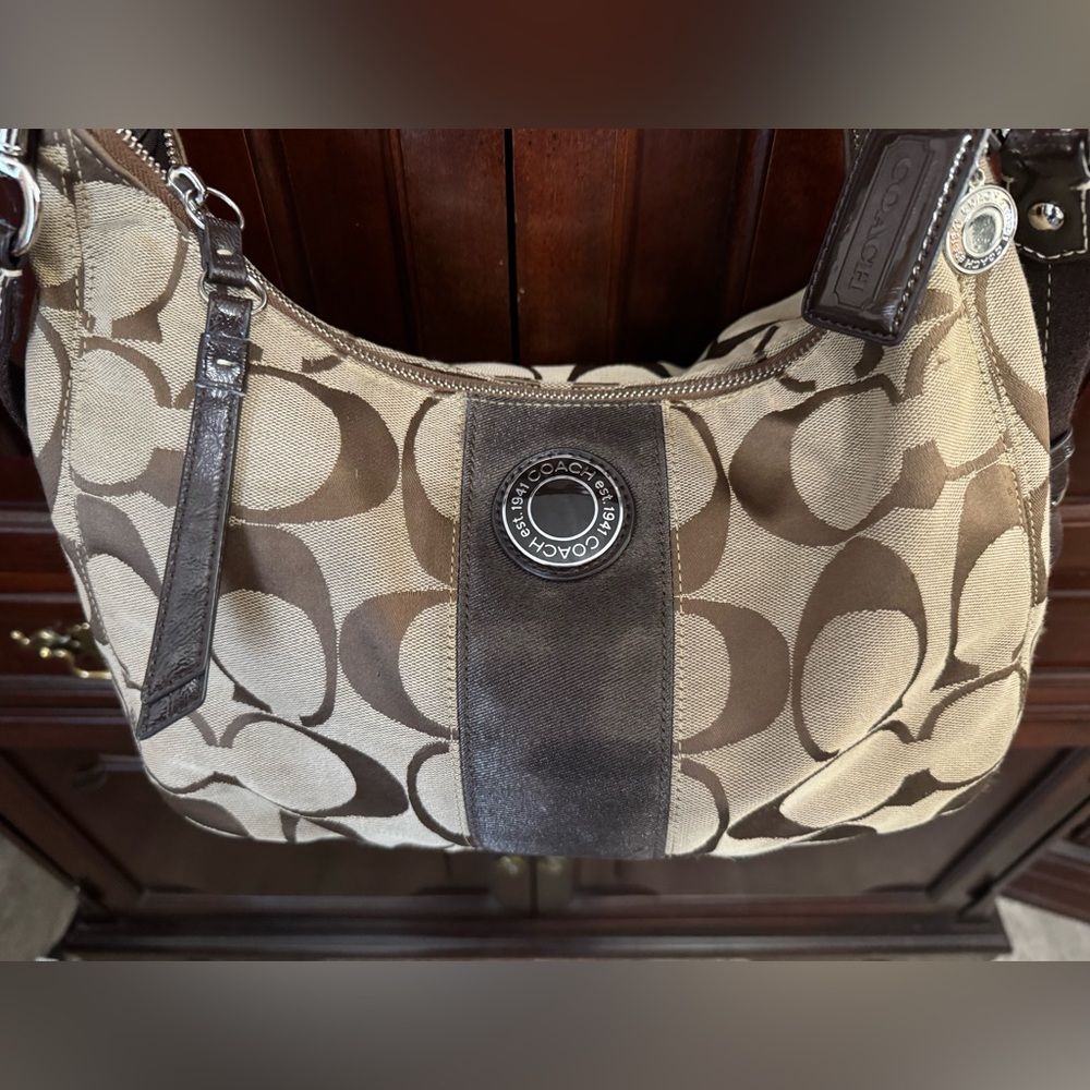 Coach Brown and Tan Hobo Bag with Signature Design